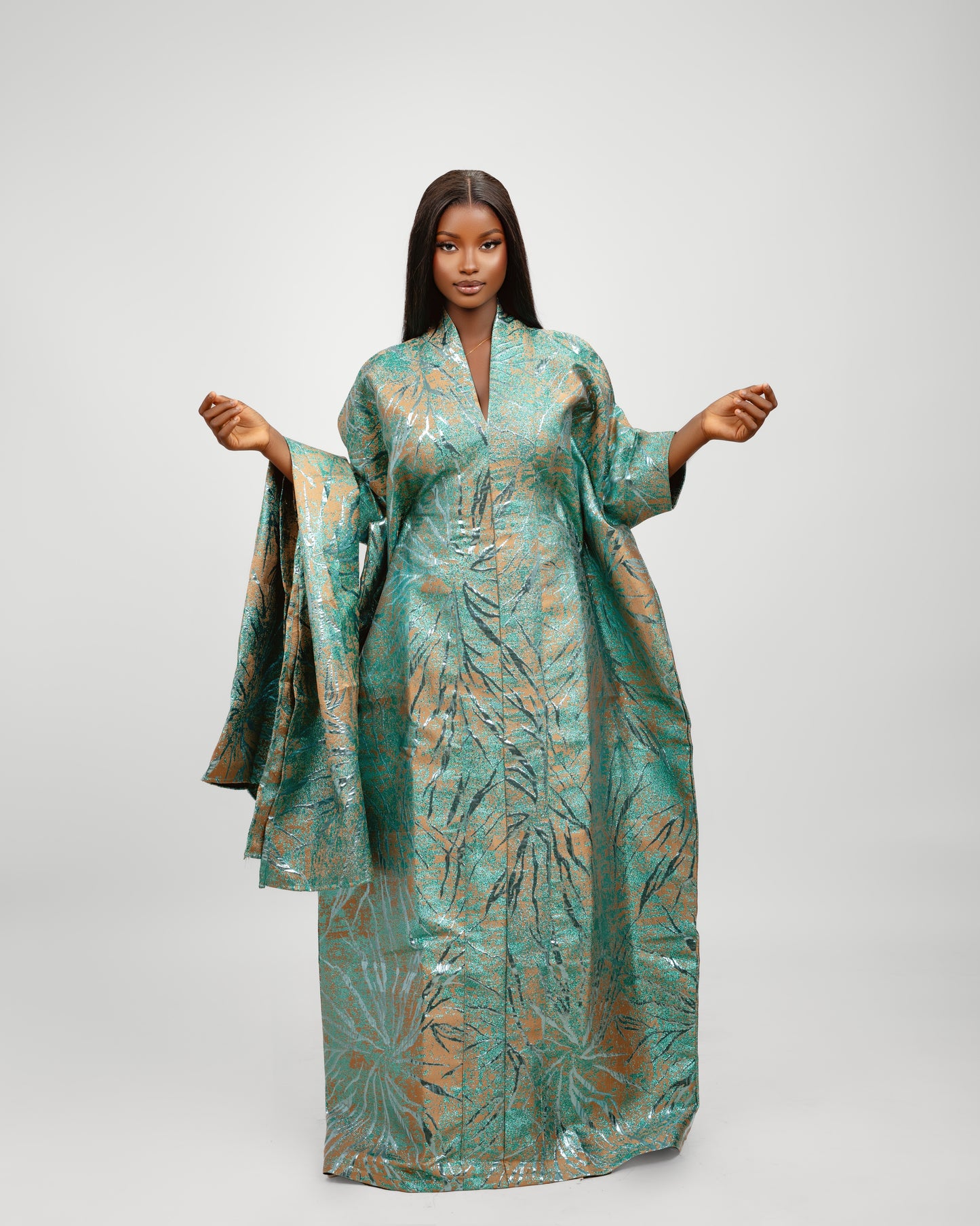BROCADE DRESS METALLIC TEAL & GOLD (PRE-ORDER)