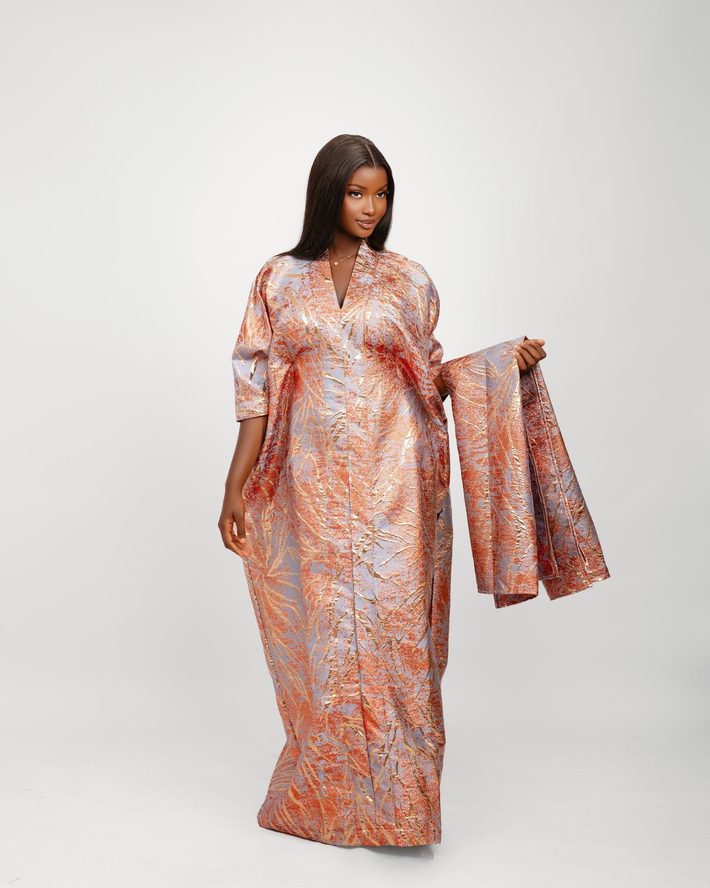 BROCADE DRESS ORANGE & GREY