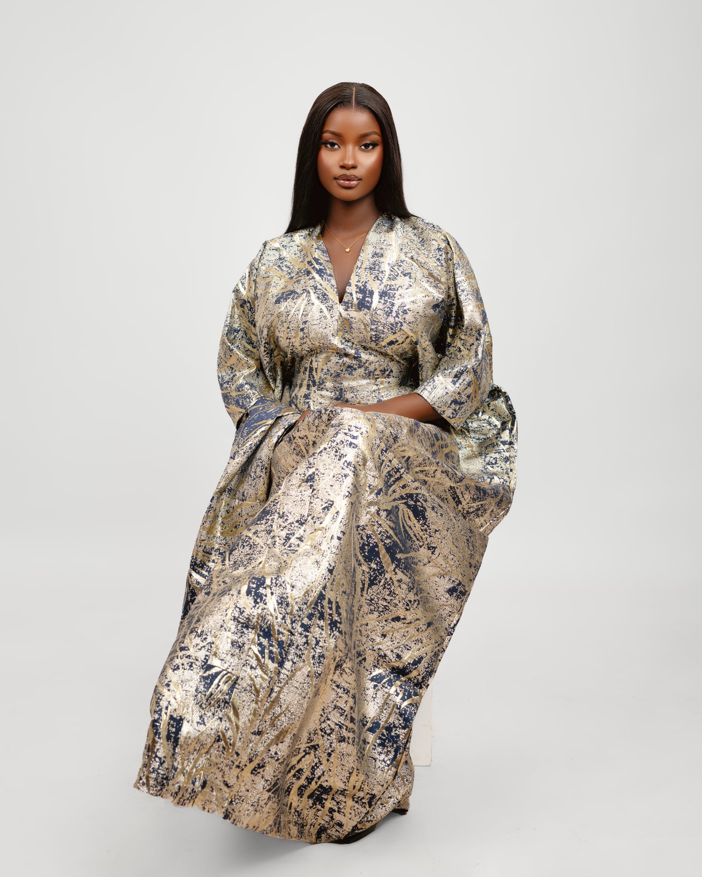BROCADE DRESS GOLD & NAVY BLUE