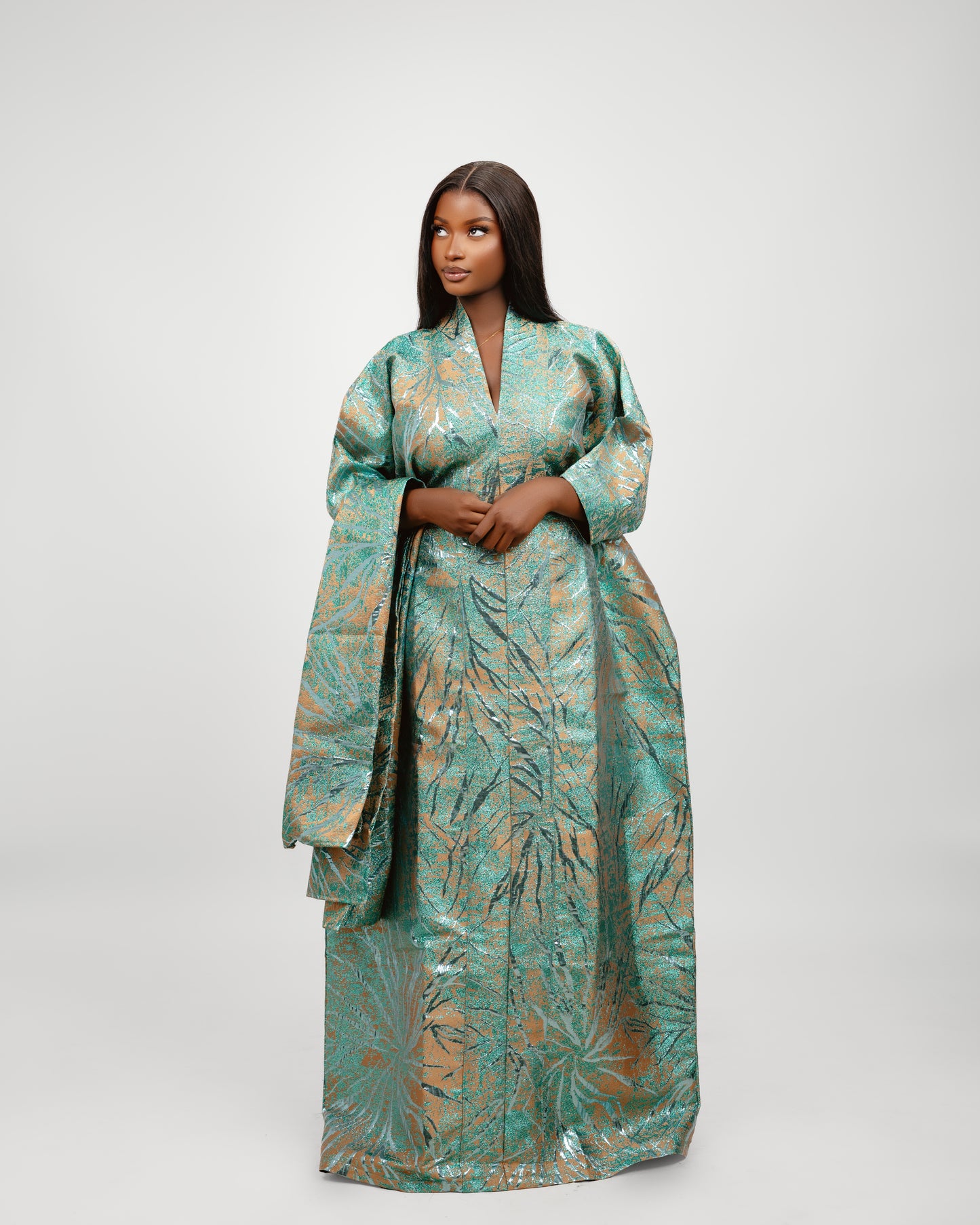 BROCADE DRESS METALLIC TEAL & GOLD (PRE-ORDER)