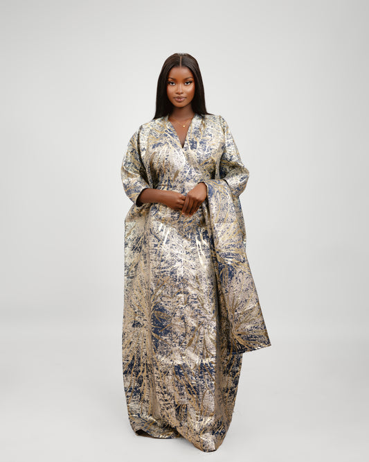BROCADE DRESS GOLD & NAVY BLUE